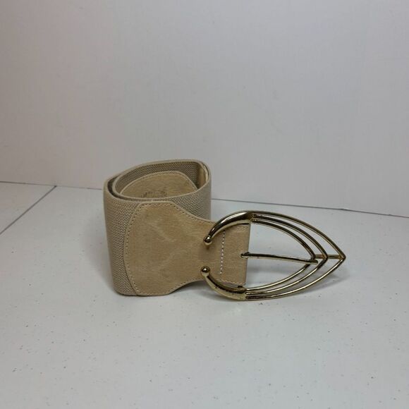 Stretch Fit Beige Leather Gold Leaf Buckle Wide Belt Womens Designer - Picture 2 of 4